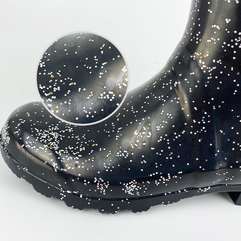 Fashion glitter mid calf women gumboots waterproof wellington rubber rain boot with heel