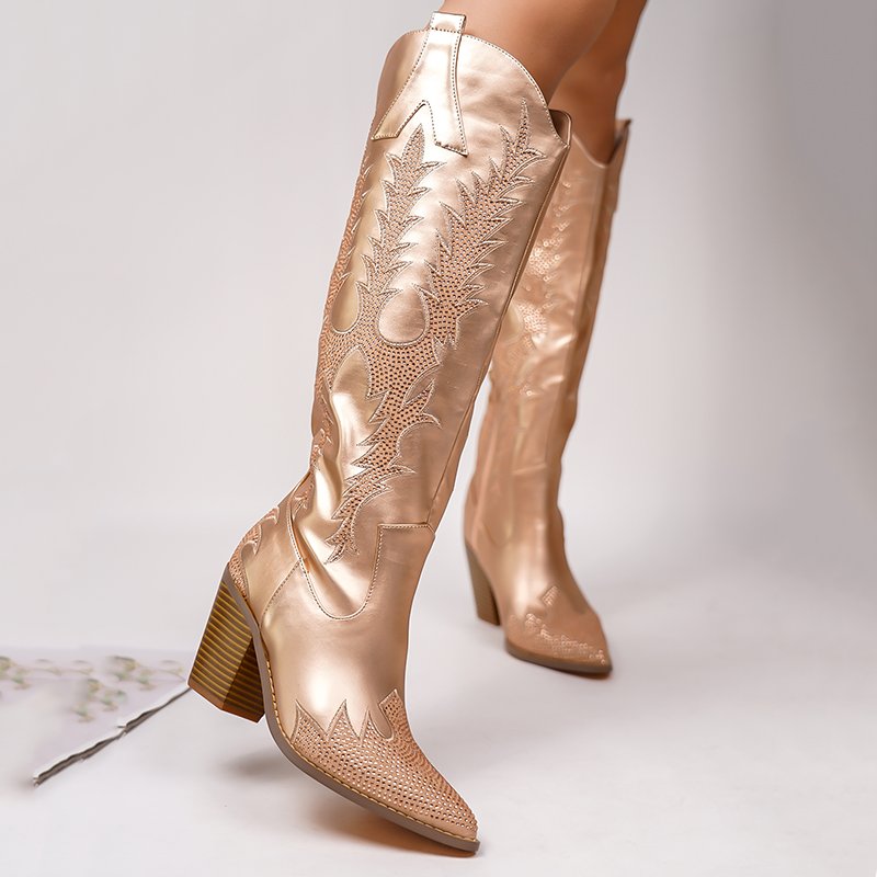 Silver Western Cowboy Boots With Stubby Toe And Embroidered Thread Lady's Boots With Wood Grain And A Bootie