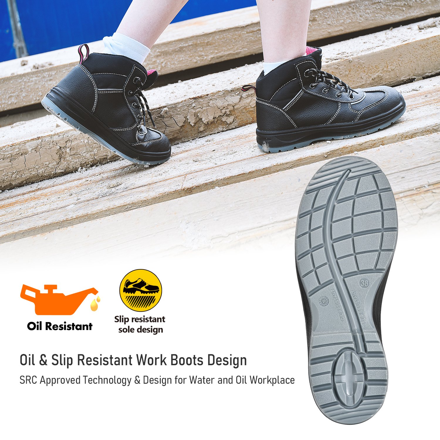 Anti Slip Black Lady Waterproof Leather Work Boots for Women