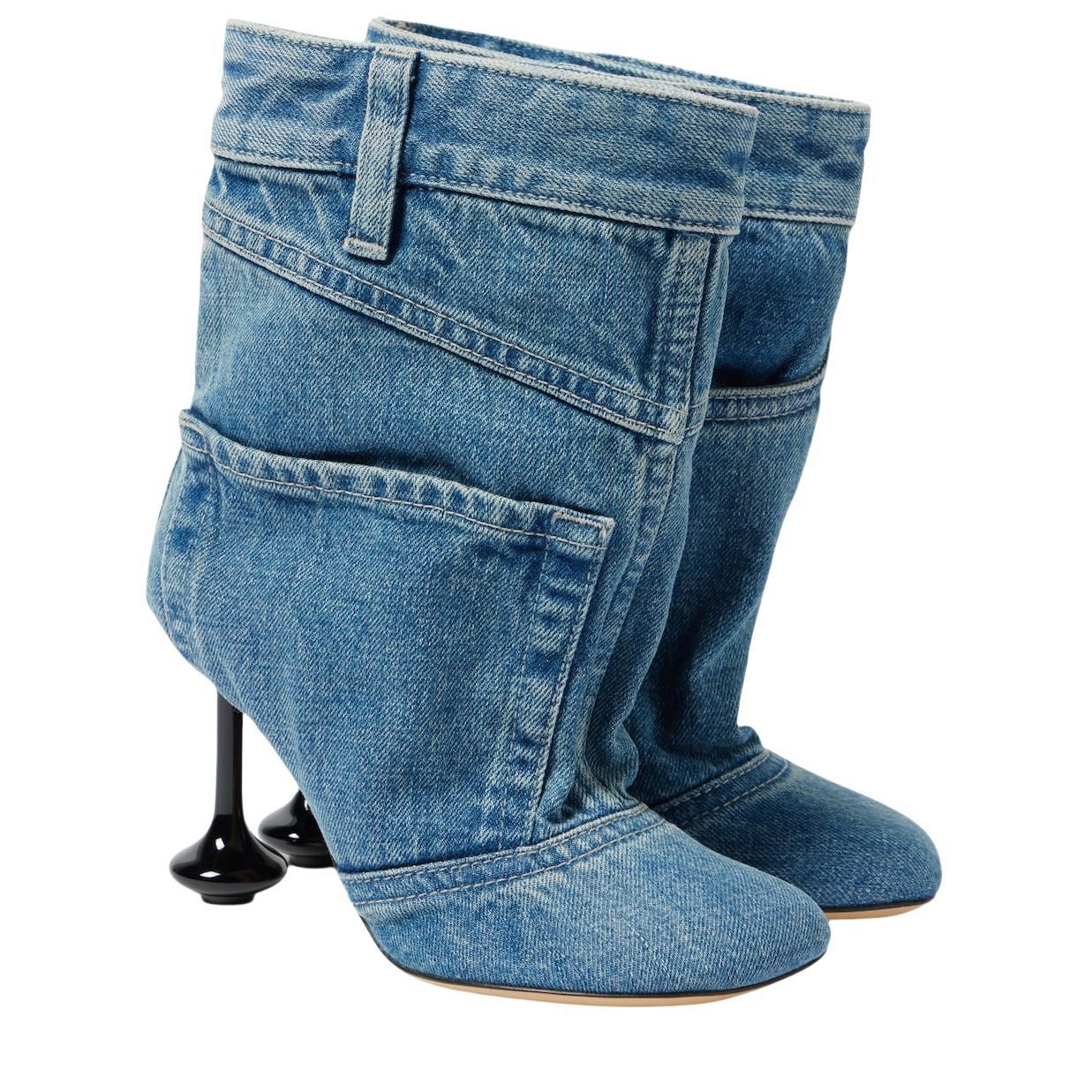 2024 New Thin Heel Square Head Splicing Short Boots Large Size Design Washed Cowboy Boots Leather Side Zipper Bare Boots
