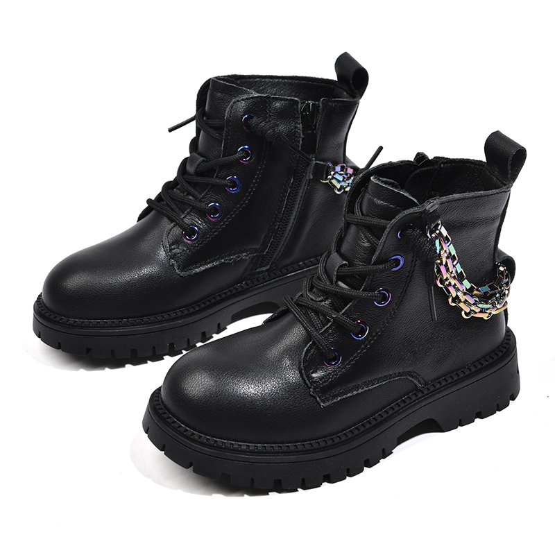 Embossed kids leather Non-slip safety shoes rubber sole black work boots with chain