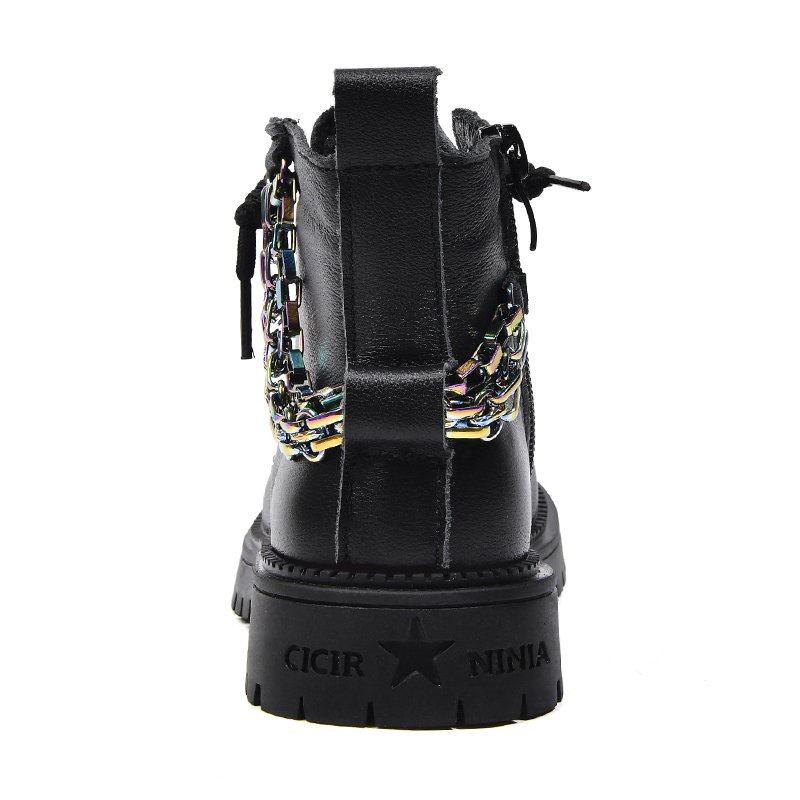 Embossed kids leather Non-slip safety shoes rubber sole black work boots with chain