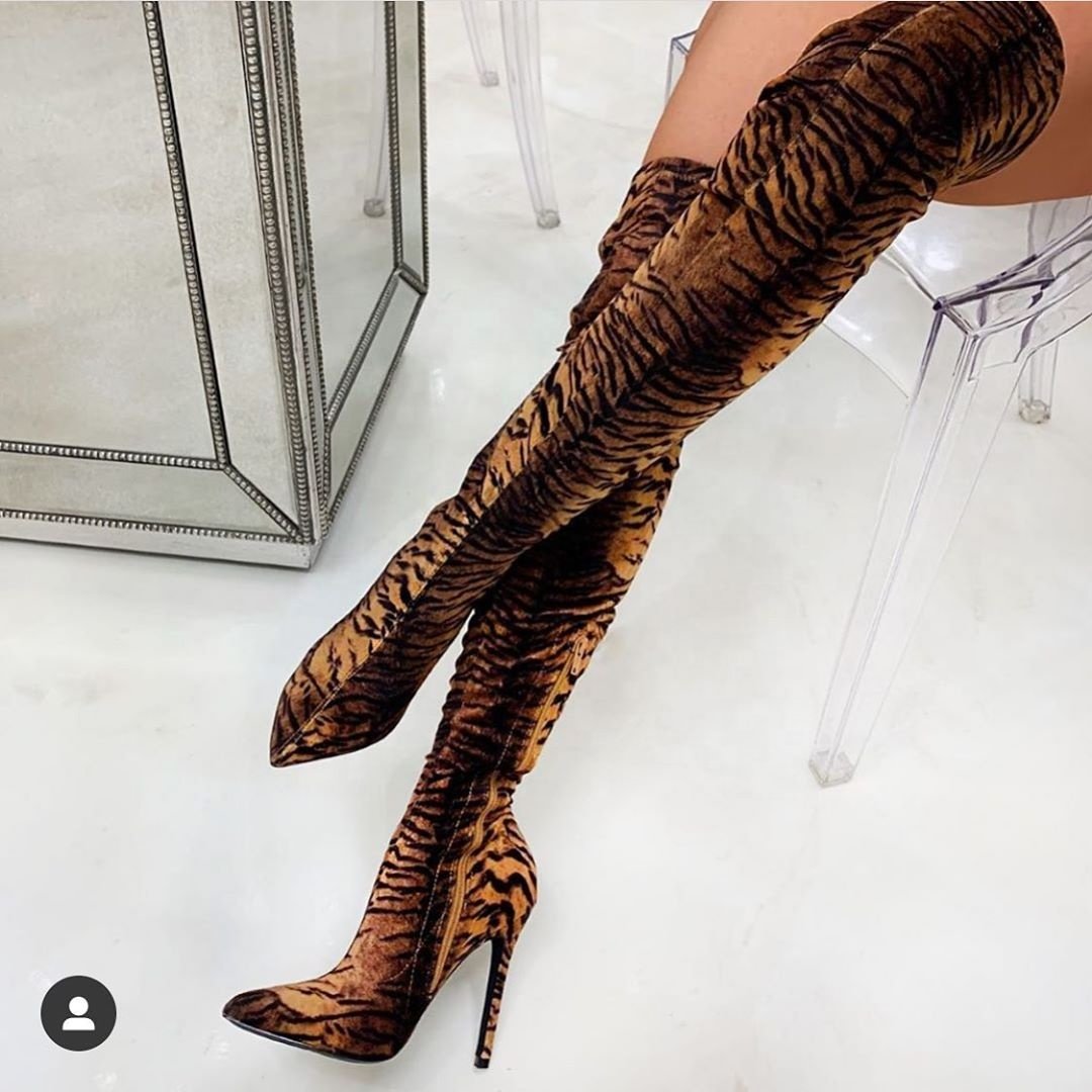 Sexy Women Leopard Print Thigh Boots 12cm Long Stretch High Heel Boots