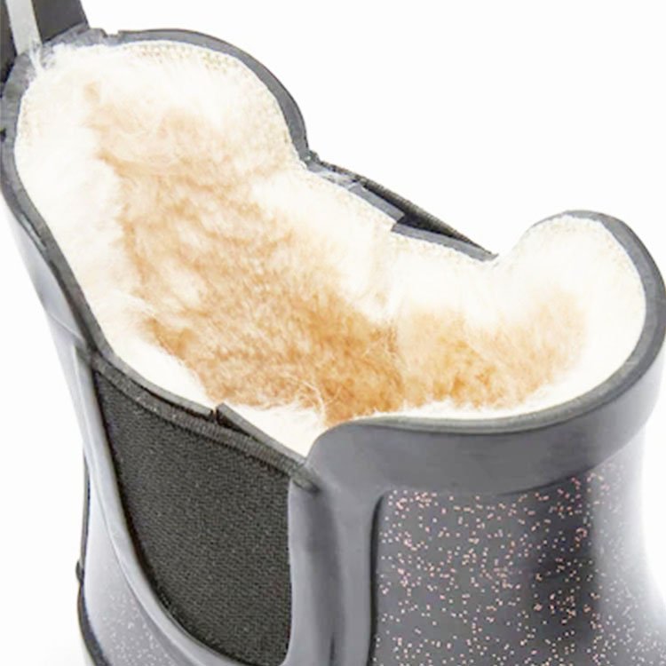 Custom warm faux fur inside kids rain boot cute short ankle rain boots with glitters