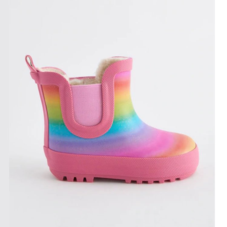 Custom warm faux fur inside kids rain boot cute short ankle rain boots with glitters