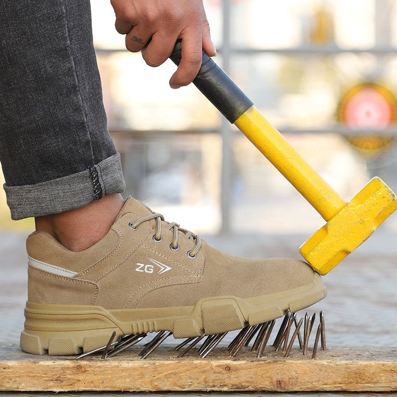 Breathable Khaki Leather Steel Toe Trainers Safety Toe Men Work Boots