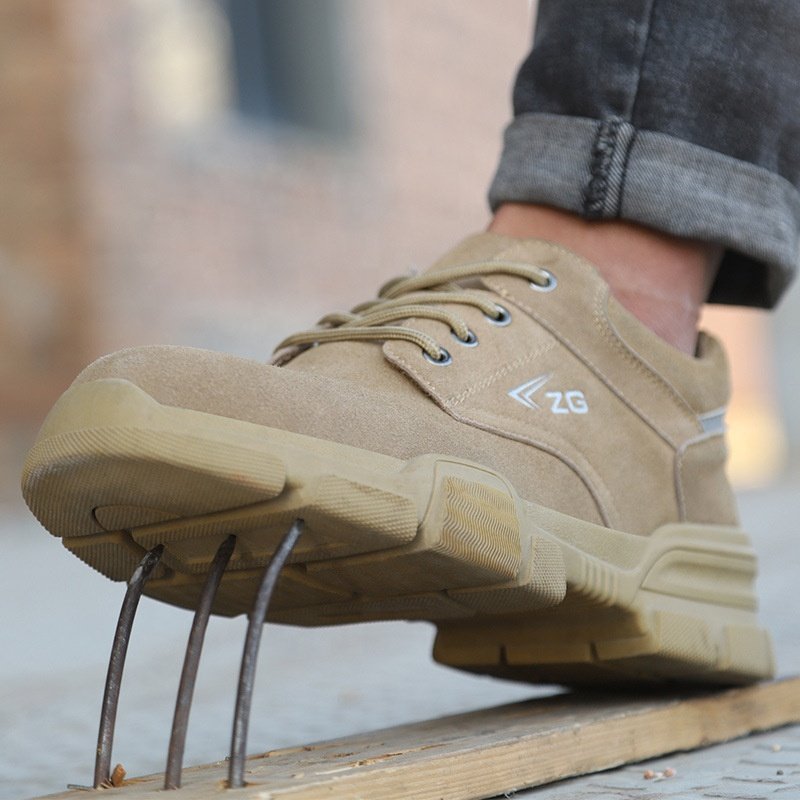 Breathable Khaki Leather Steel Toe Trainers Safety Toe Men Work Boots