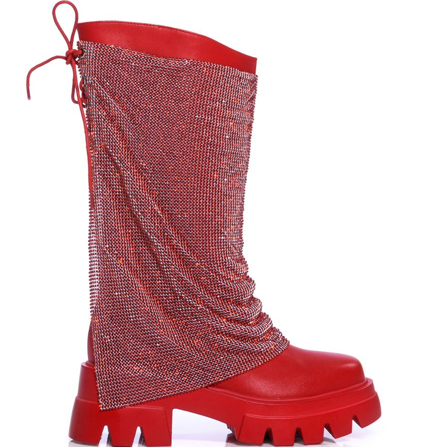 Fashion Women Mid-calf Shaft Glimmering Rhinestone Mesh Covered Shaft Boots Round Toe Slip On Flat form Boots