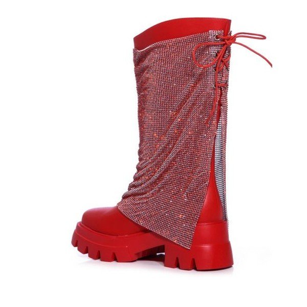 Fashion Women Mid-calf Shaft Glimmering Rhinestone Mesh Covered Shaft Boots Round Toe Slip On Flat form Boots