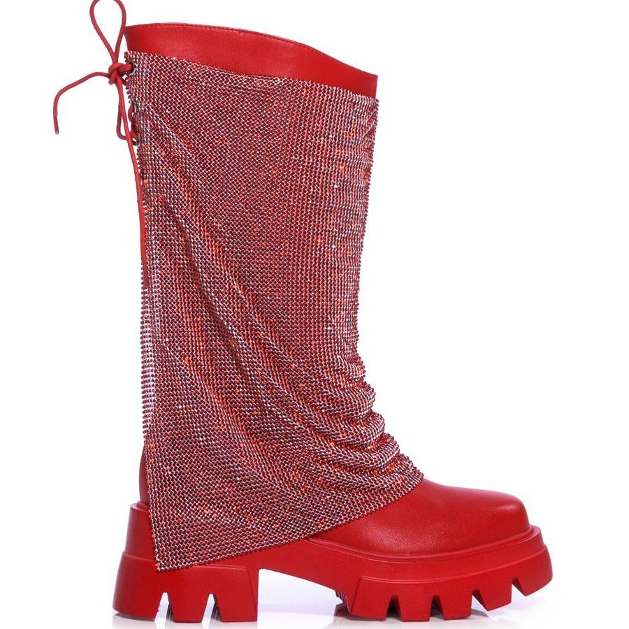 Fashion Women Mid-calf Shaft Glimmering Rhinestone Mesh Covered Shaft Boots Round Toe Slip On Flat form Boots