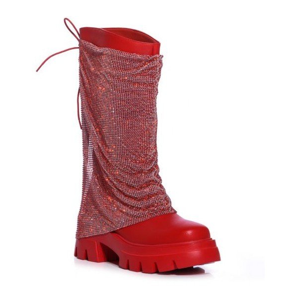 Fashion Women Mid-calf Shaft Glimmering Rhinestone Mesh Covered Shaft Boots Round Toe Slip On Flat form Boots