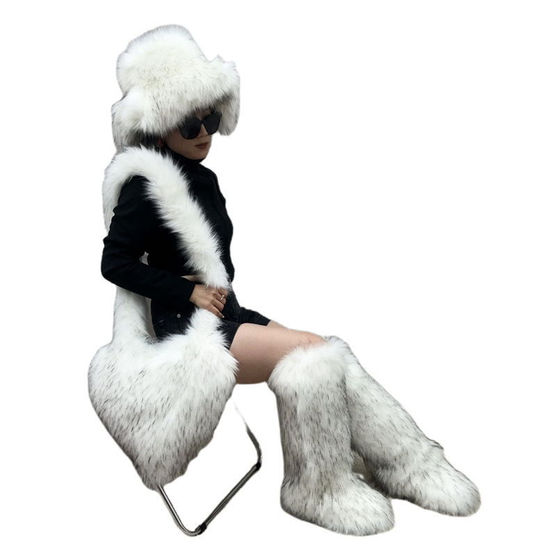 Hot Sale Ins Fashion Long Women Furry Boots Winter Knee Length Keep Warm Ladies Snow Boots Bags And Hats Set