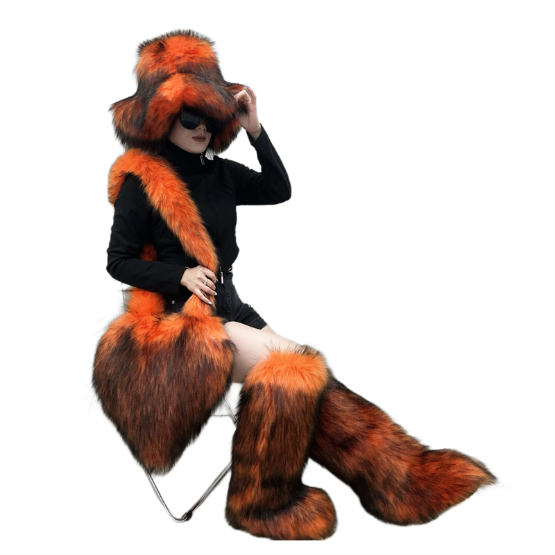 Hot Sale Ins Fashion Long Women Furry Boots Winter Knee Length Keep Warm Ladies Snow Boots Bags And Hats Set