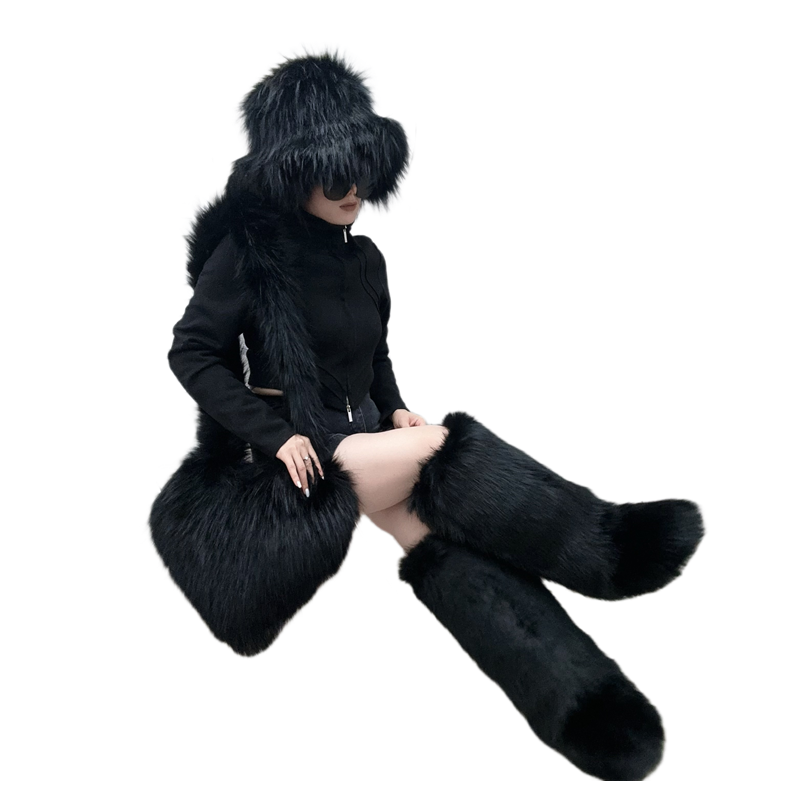 Hot Sale Ins Fashion Long Women Furry Boots Winter Knee Length Keep Warm Ladies Snow Boots Bags And Hats Set