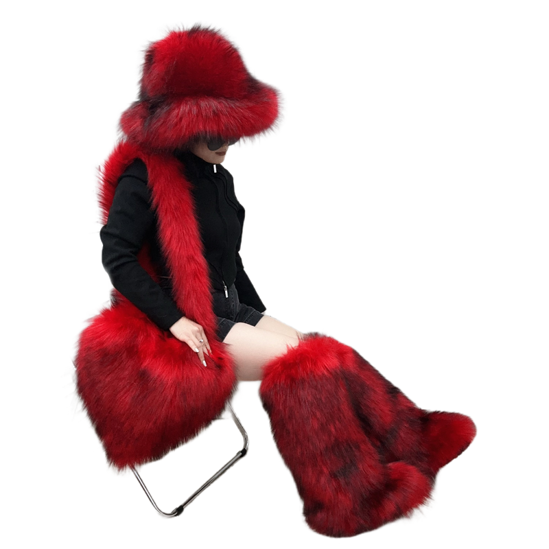 Hot Sale Ins Fashion Long Women Furry Boots Winter Knee Length Keep Warm Ladies Snow Boots Bags And Hats Set