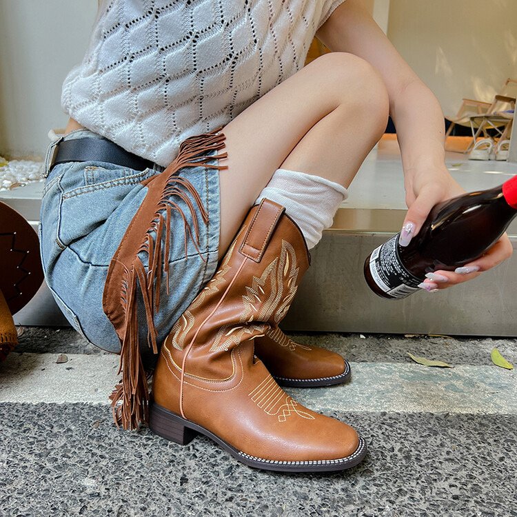 Leather western cowboy boots embroidered knight boots mid-tube Chelsea long boot for women 2023 new
