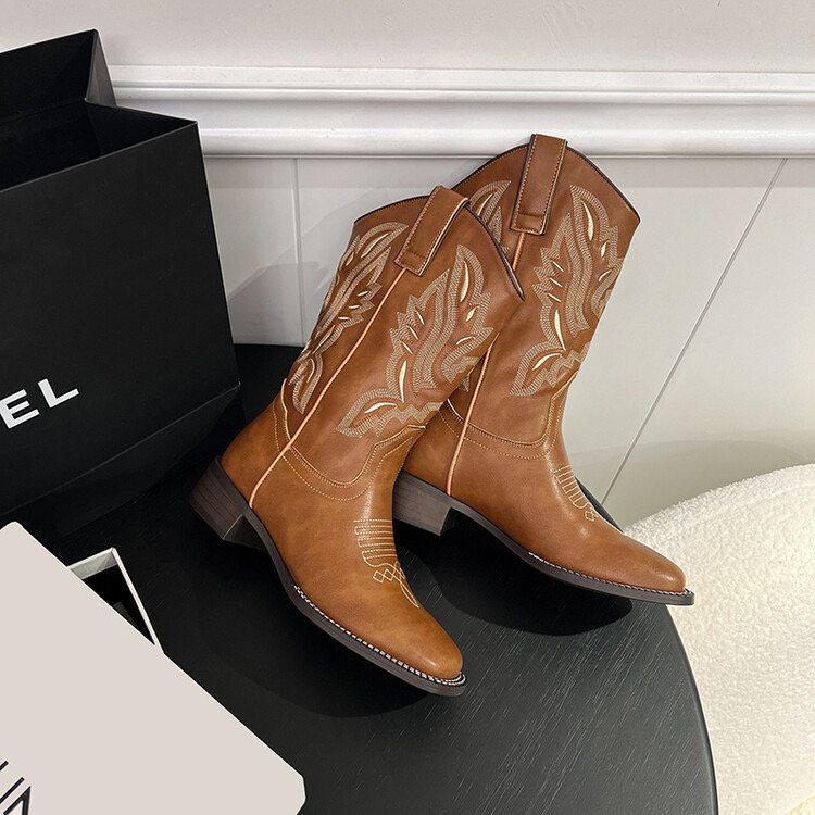 Leather western cowboy boots embroidered knight boots mid-tube Chelsea long boot for women 2023 new