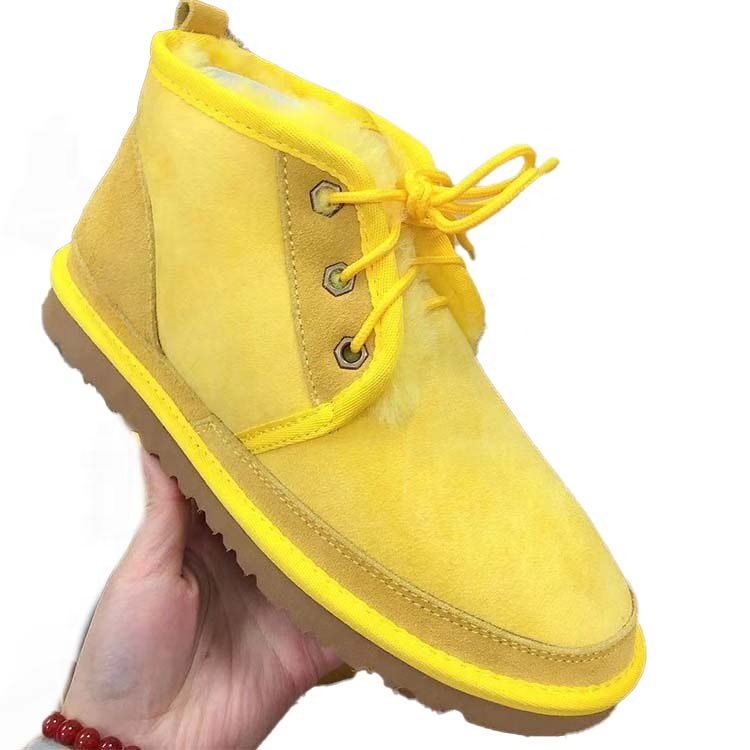 Men's women's kids yellow red blue brown color sheepskin plush ankle high fur boots