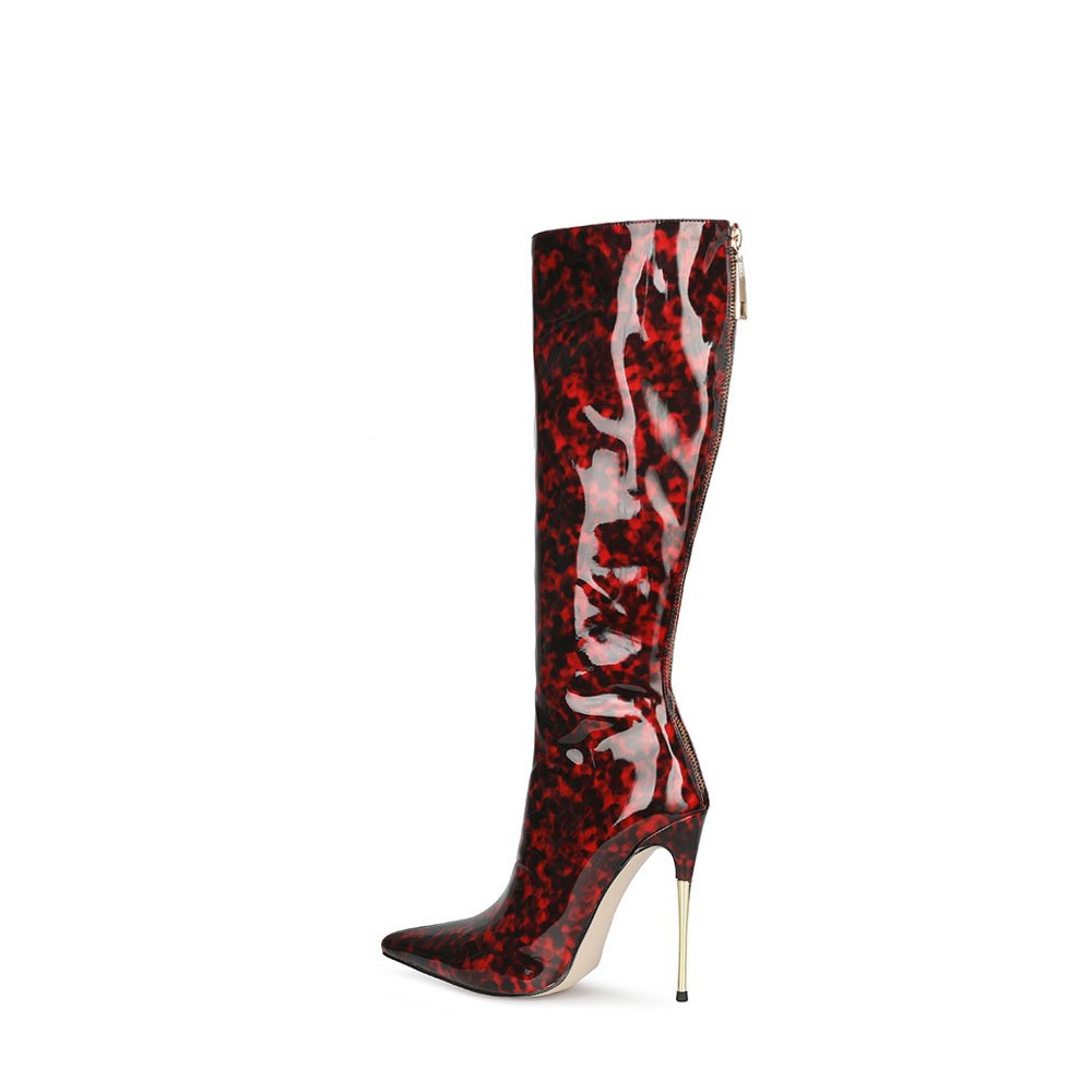 2023 Fashion Design Autumn Stiletto High Heels Patent Leather Brown Red Women's Boots Back Zipper Thin Heeled Knee High Boots