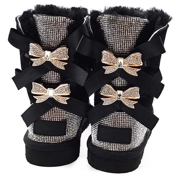2024 Wholesale fashion ladies sheepskin kids women winter snow ribbon fur boots with bows snoe boots