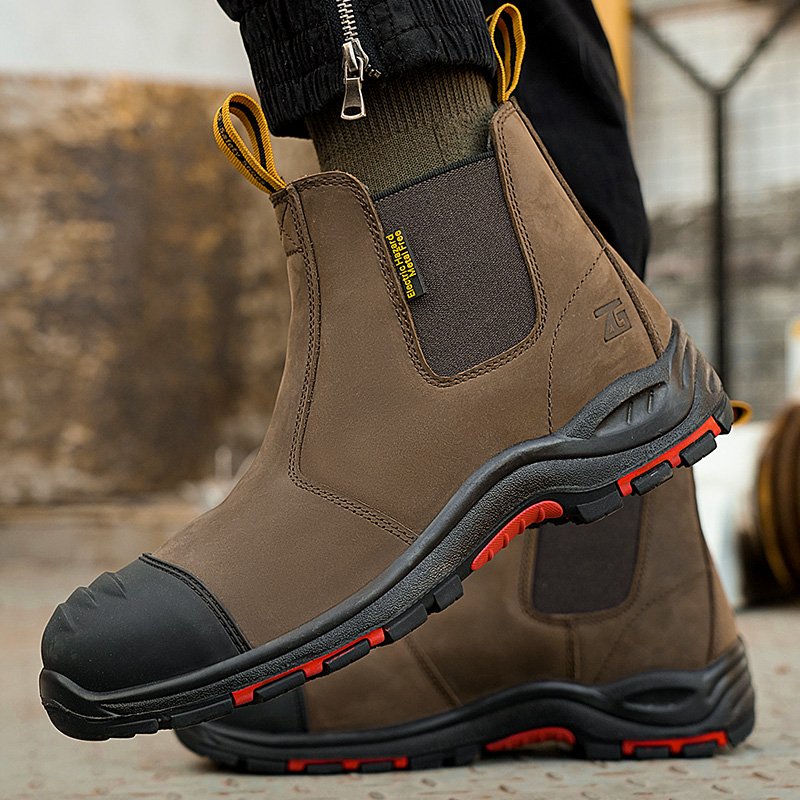 MANWEI Good Quality Chelsea Working Boots men brown crazy horse genuine Leather Safety work boots no lace