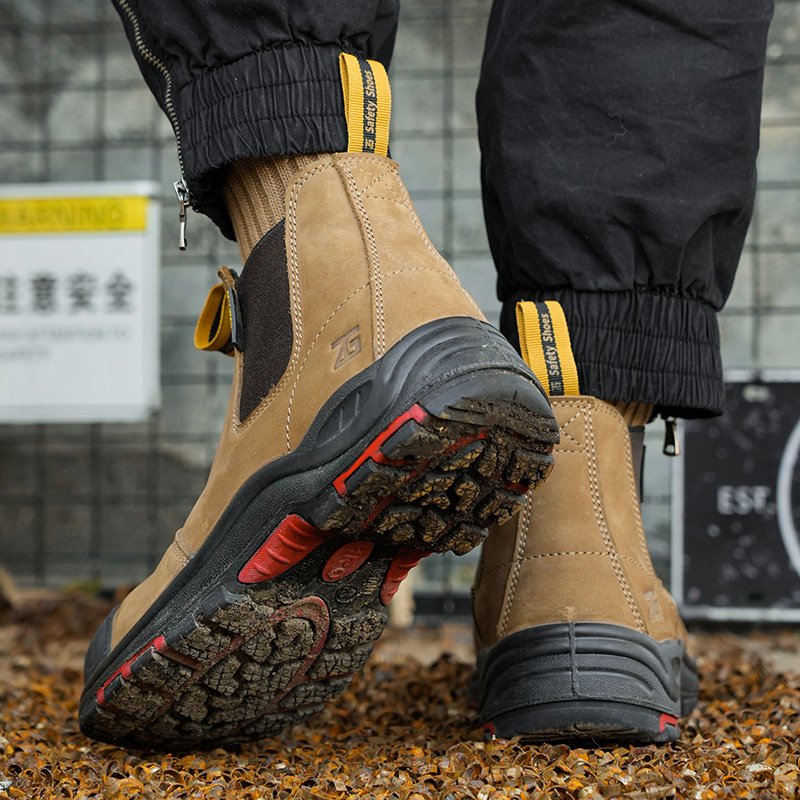MANWEI Good Quality Chelsea Working Boots men brown crazy horse genuine Leather Safety work boots no lace