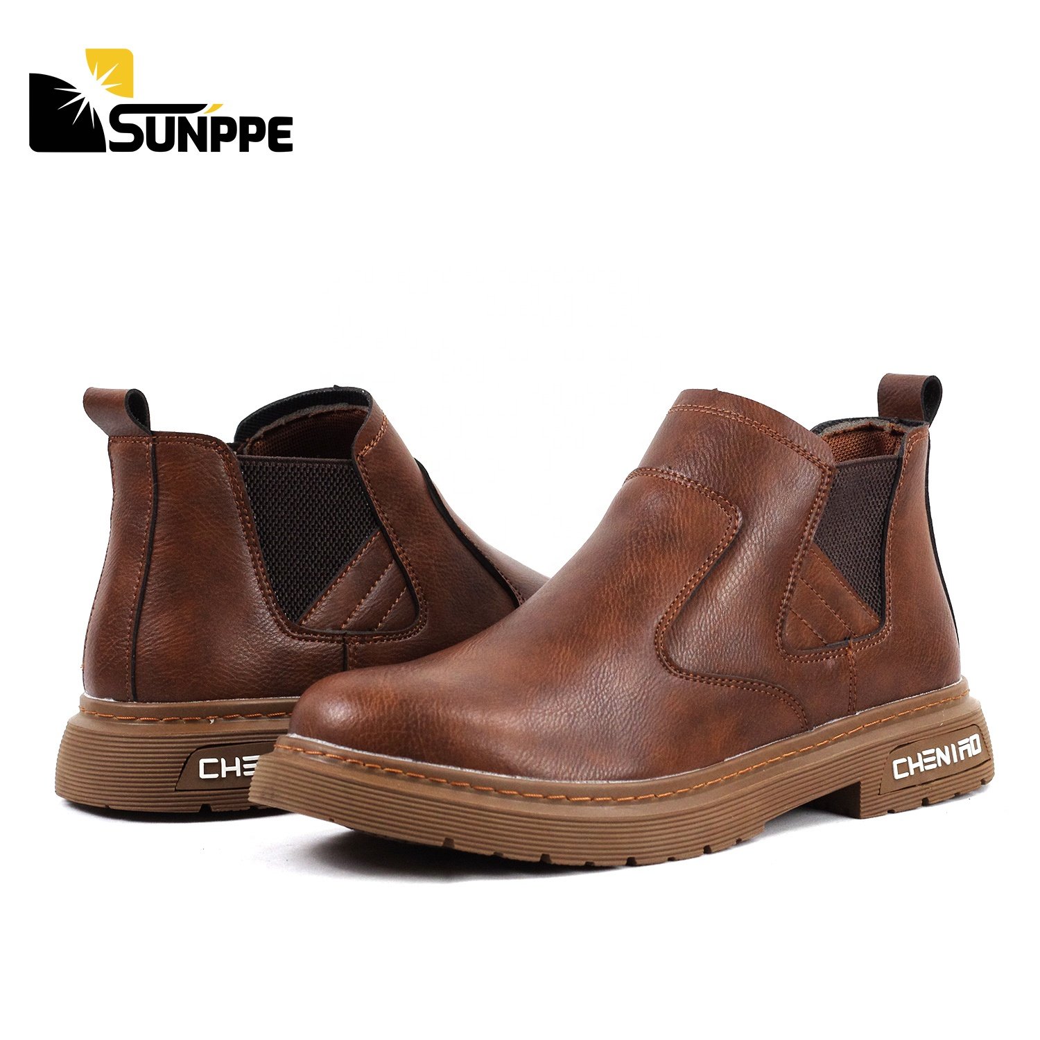 Custom Lightweight chelsea fashionable rubber leather pull on casual shoes men steel toe work safety boots without lace