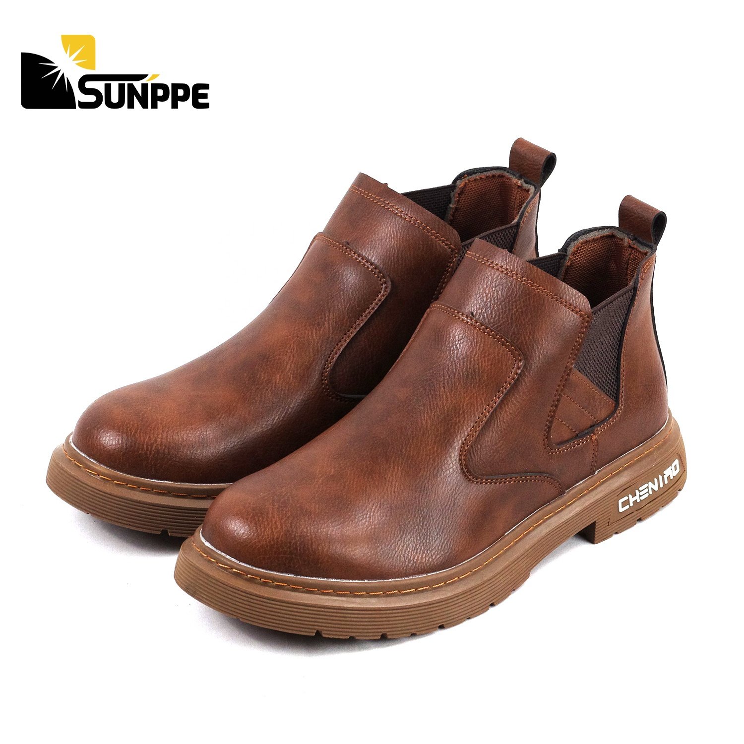 Custom Lightweight chelsea fashionable rubber leather pull on casual shoes men steel toe work safety boots without lace