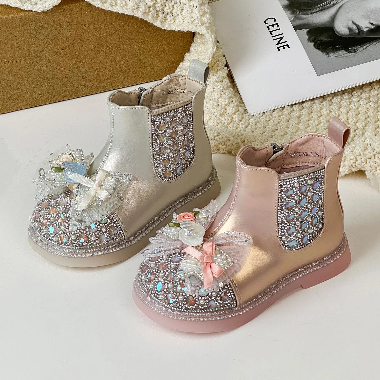 Winter Children's Girls Versatile Shiny Bow Crown Soft Princess Boots Kids Toddler Elegant Chic Trend Soft Sole Princess Boots