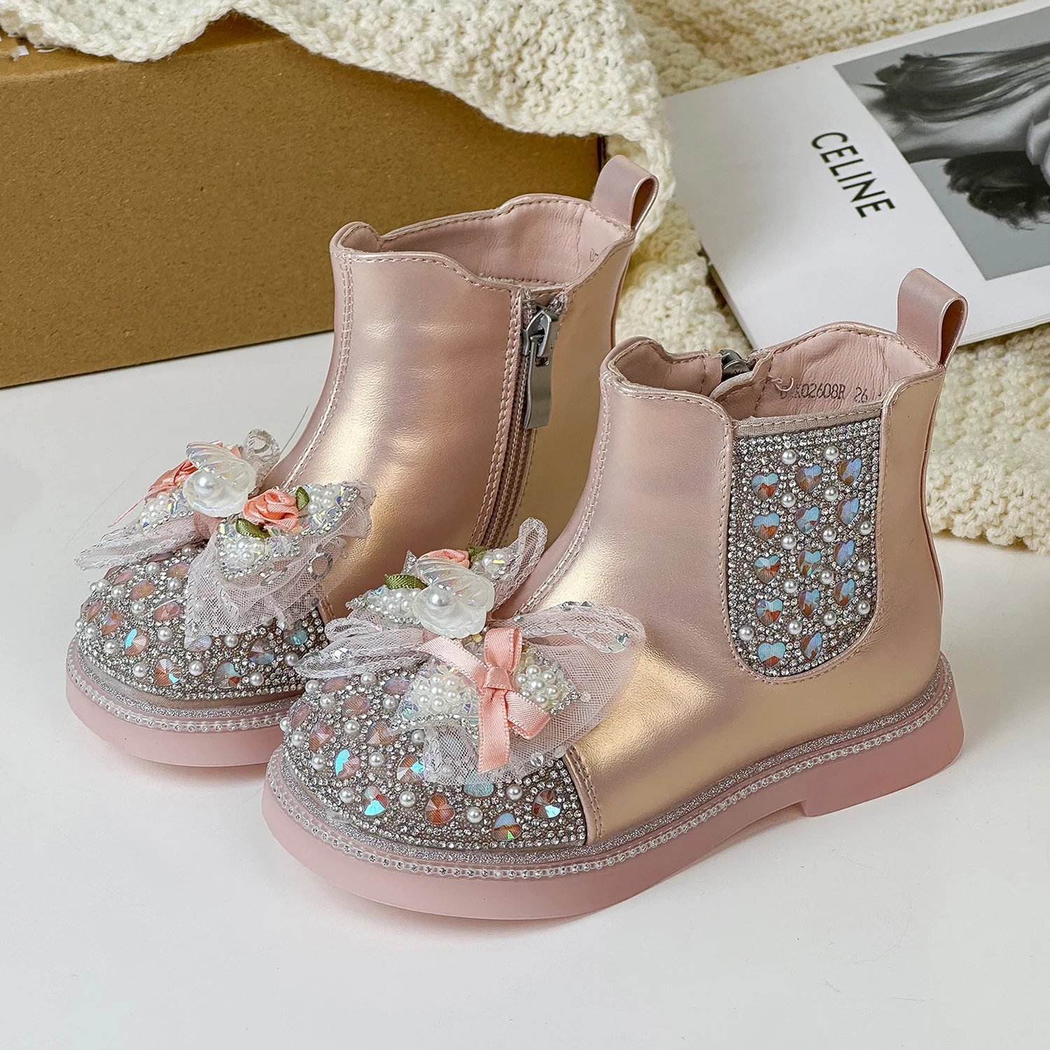 Winter Children's Girls Versatile Shiny Bow Crown Soft Princess Boots Kids Toddler Elegant Chic Trend Soft Sole Princess Boots