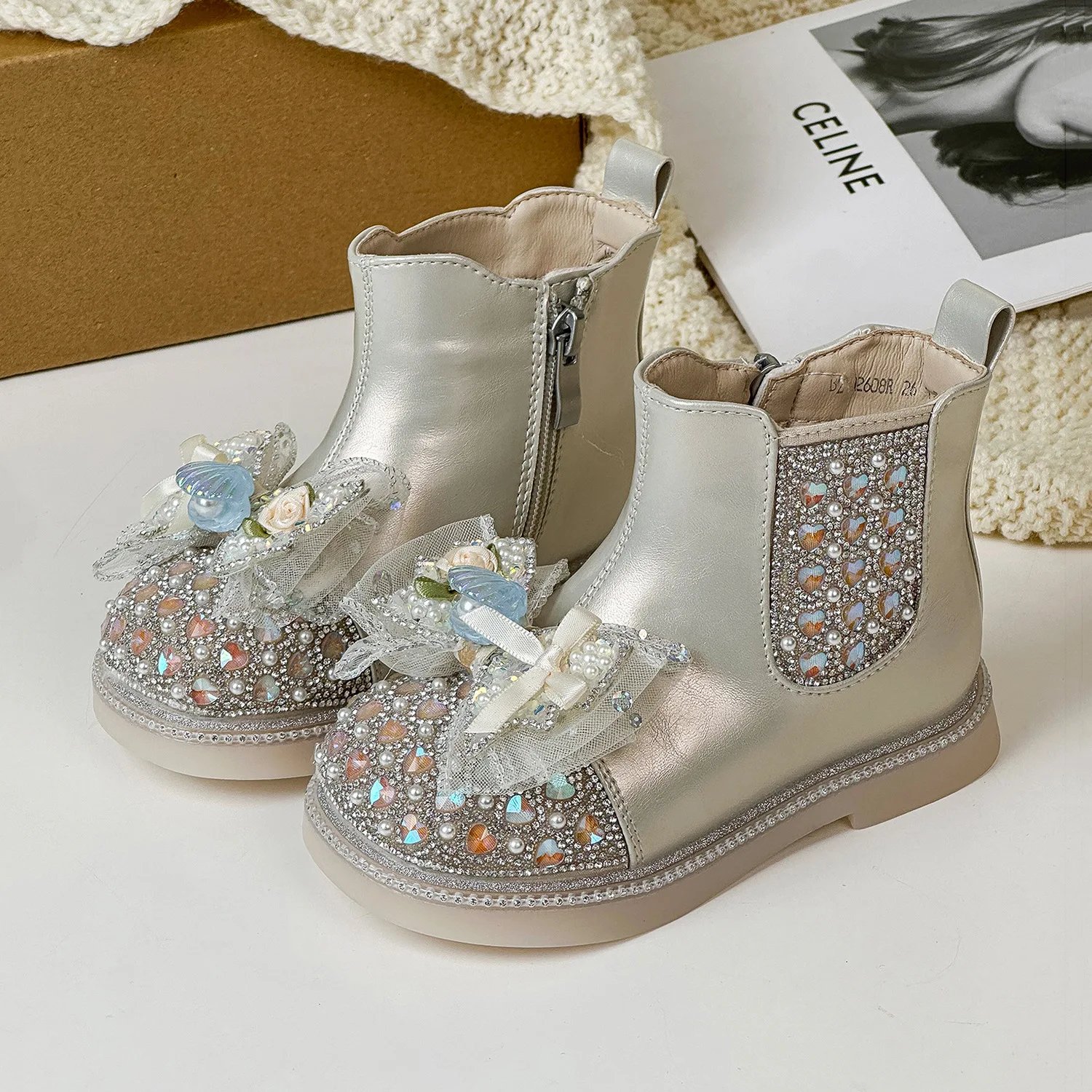 Winter Children's Girls Versatile Shiny Bow Crown Soft Princess Boots Kids Toddler Elegant Chic Trend Soft Sole Princess Boots
