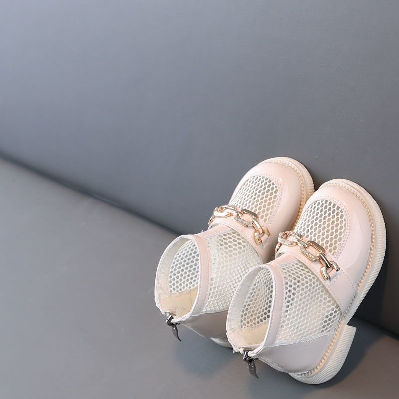 vintage kids Princess white and black shoes summer breathable soft sole Korean mesh boots for girls