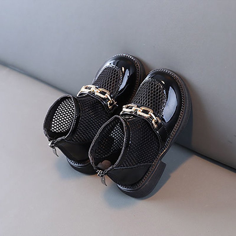 vintage kids Princess white and black shoes summer breathable soft sole Korean mesh boots for girls