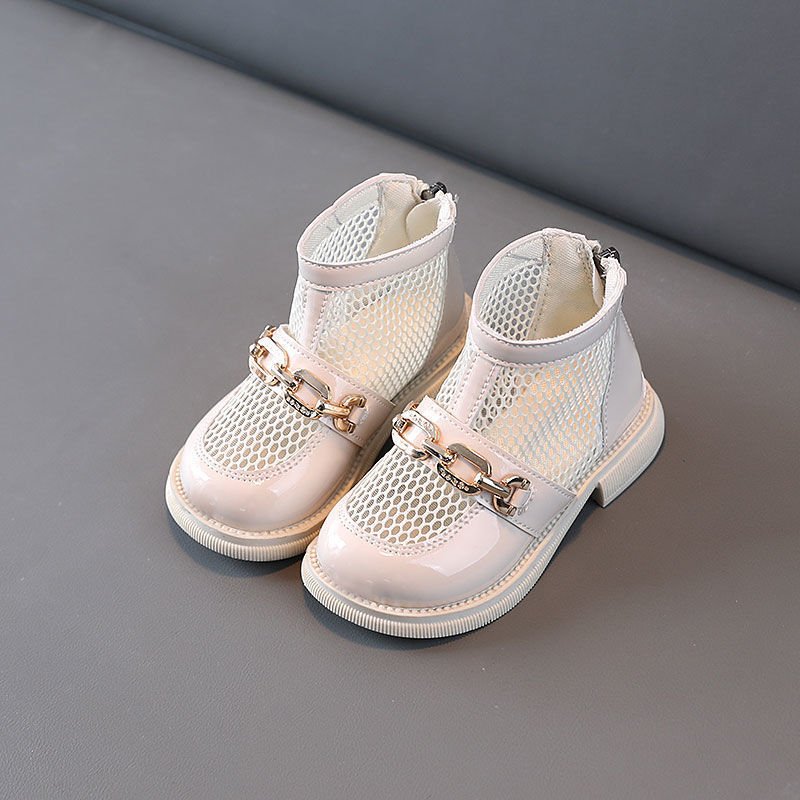 vintage kids Princess white and black shoes summer breathable soft sole Korean mesh boots for girls
