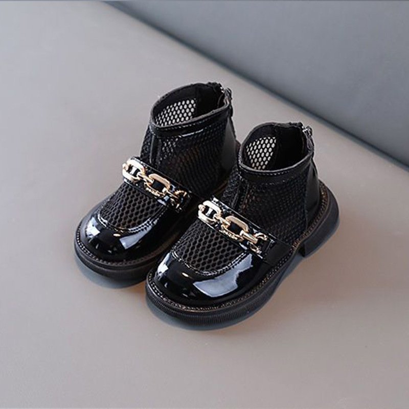 vintage kids Princess white and black shoes summer breathable soft sole Korean mesh boots for girls