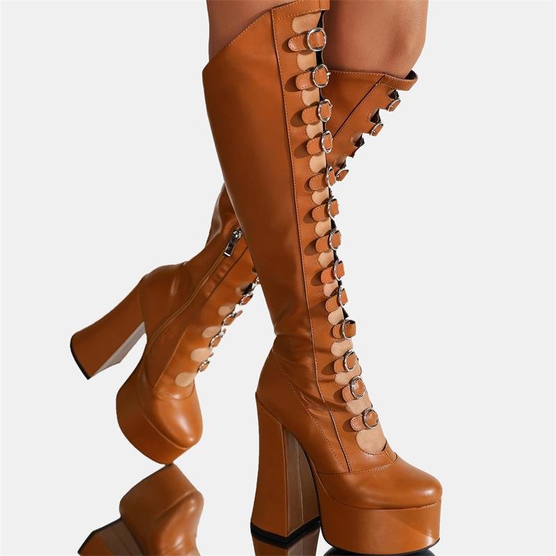 2024 Winter New Women's Fashion Thick Sole Boots Punk Style Knee Length High Heels Women's Boots Exaggerate Trendy Long Boots