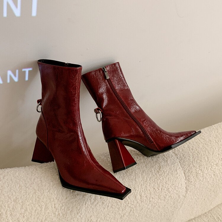 Cialisa Autumn Winter New Black Genuine Leather Mid Calf Boots Pointed Toe Triangle Block High Heels Shoes Lady Wine Size 40