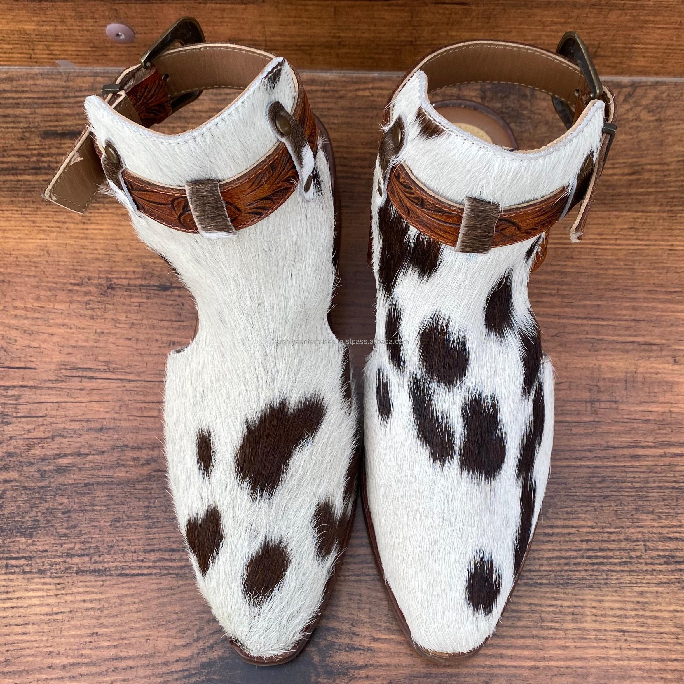 Top Sale Genuine Hair Cowhide Boots for Women Western Style Two Ankle Straps Ornate Buckles Pointy Toe Booties Solid Pattern