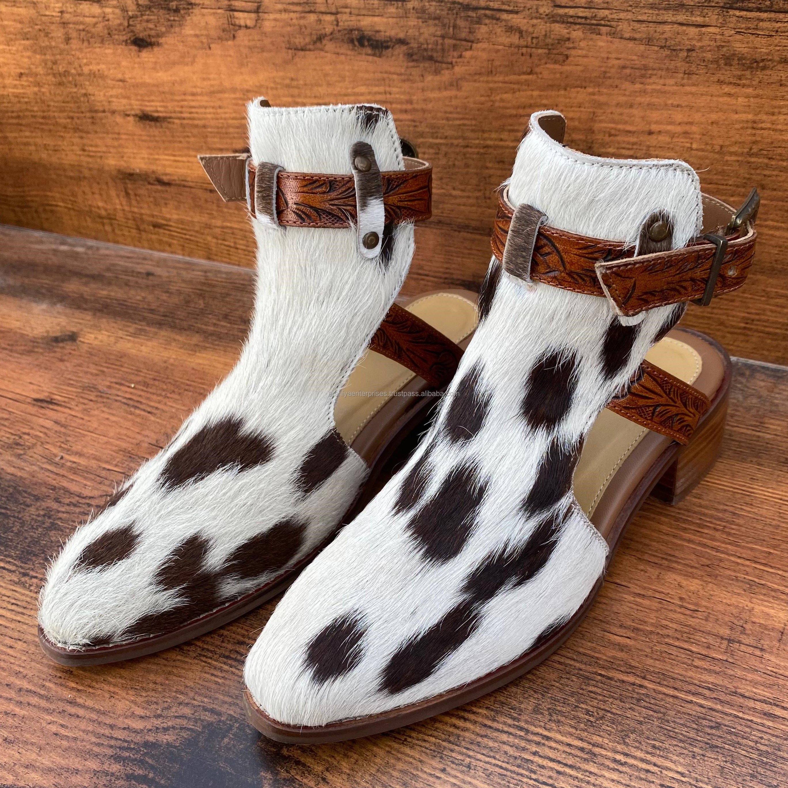 Top Sale Genuine Hair Cowhide Boots for Women Western Style Two Ankle Straps Ornate Buckles Pointy Toe Booties Solid Pattern