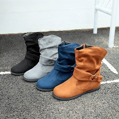 Autumn and winter new mid-tube women's boots round head suede flat heel warm pure color ladies short boots