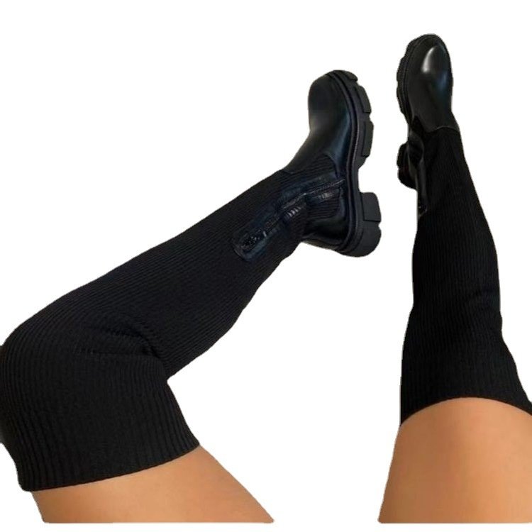 Woman Boots Platform Knee High Boots Shoes Winter Thigh High Leather Knit Patchwork Shoes Boot For Women