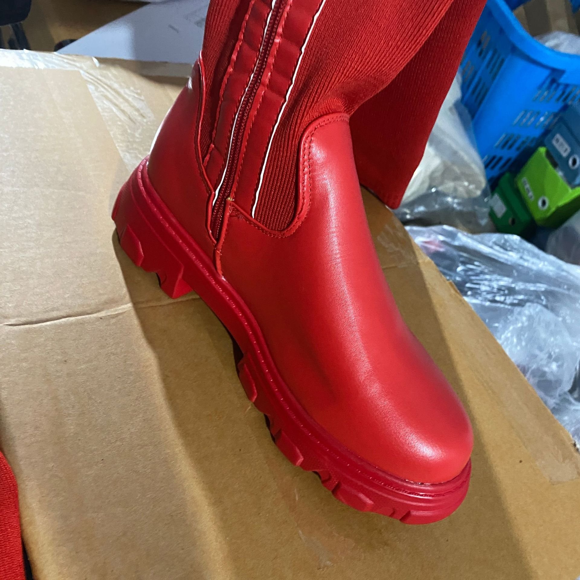 Woman Boots Platform Knee High Boots Shoes Winter Thigh High Leather Knit Patchwork Shoes Boot For Women