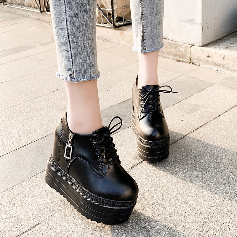 35-39 Round toe thick soled Martin boots Autumn Solid Color Elevated Boots Leisure solid color women's boots