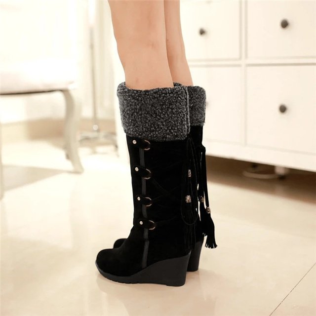 Women Knee High Boots Autumn Winter Snow Boots Round Head Large Size Long Barrel Shoes Pu Adult Plush Rubber Solid 3 Colors