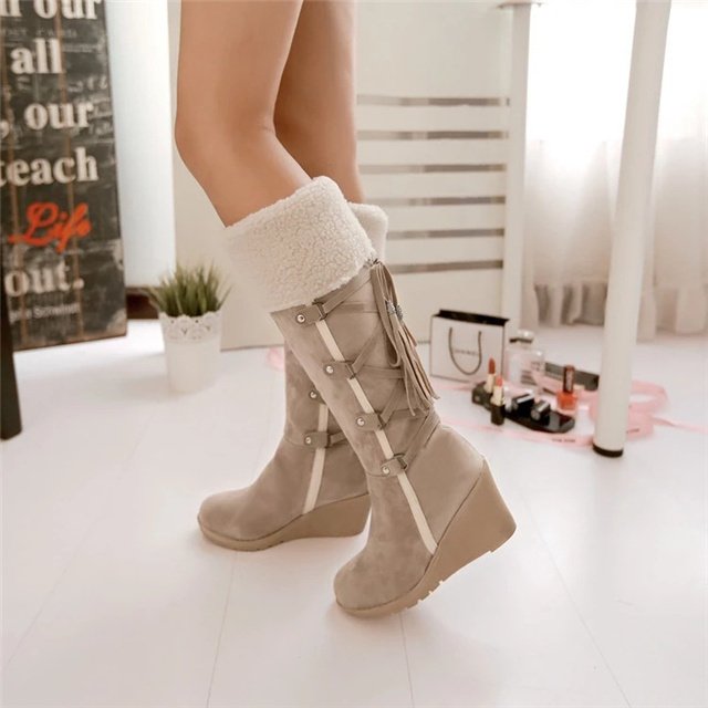 Women Knee High Boots Autumn Winter Snow Boots Round Head Large Size Long Barrel Shoes Pu Adult Plush Rubber Solid 3 Colors