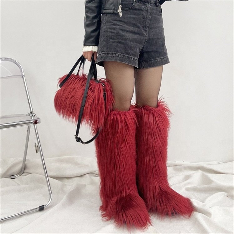 Winter Knee-high Snow Boots Imitation Fox Fur Women Boots Warm Fashion Fur Bag Set