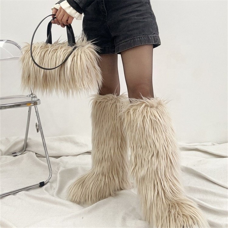 Winter Knee-high Snow Boots Imitation Fox Fur Women Boots Warm Fashion Fur Bag Set
