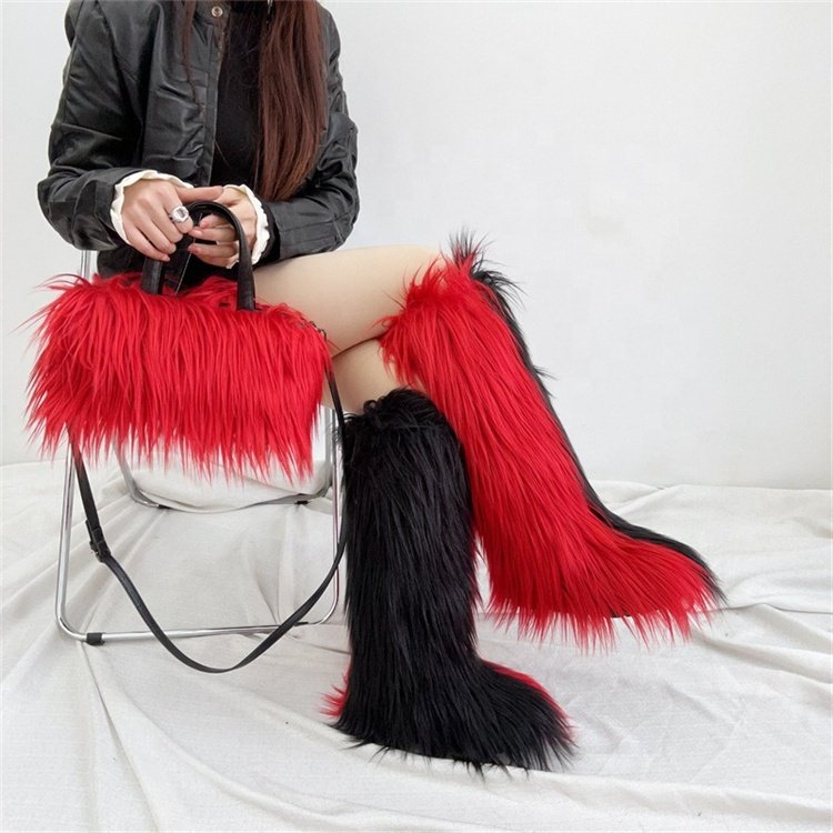 Winter Knee-high Snow Boots Imitation Fox Fur Women Boots Warm Fashion Fur Bag Set