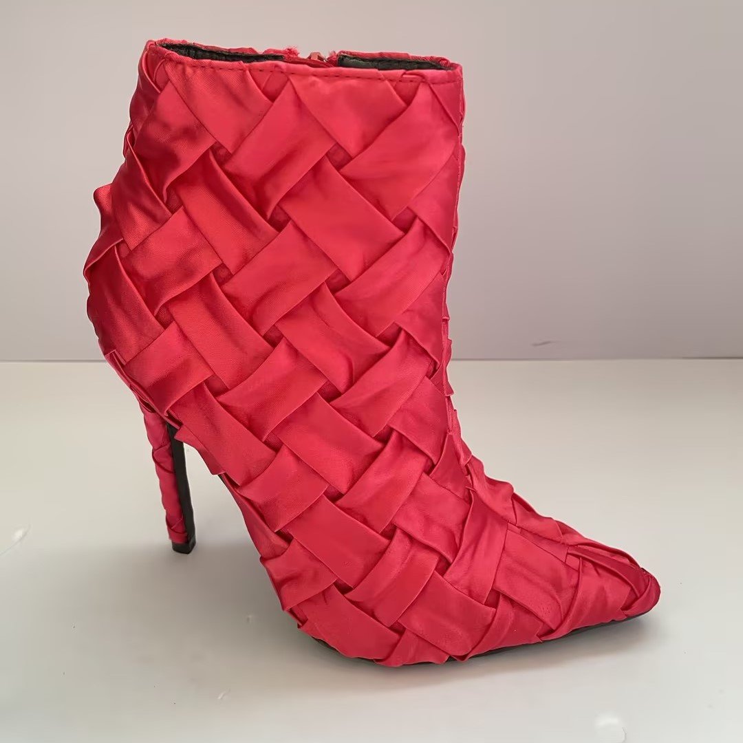 Red color woven women's high heel ankle boots