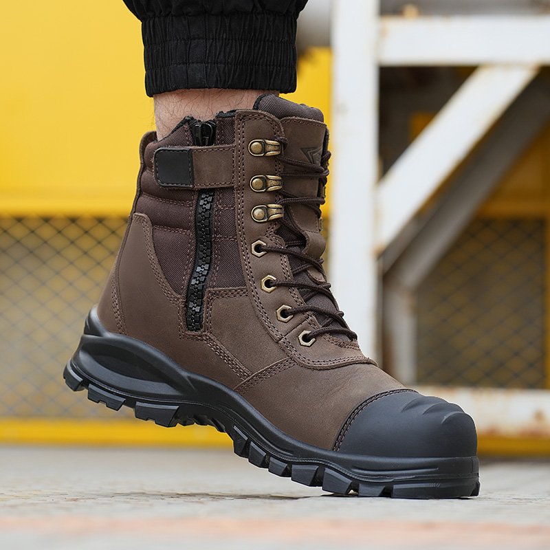 High ankle dark brown Crazy horse Leather mining work safety boots for men, drak brown safety boot have tpu toe